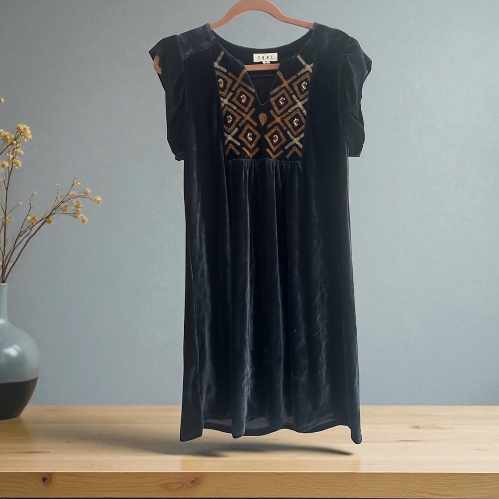 Blue Velvet Dress with Geometric Embroidery